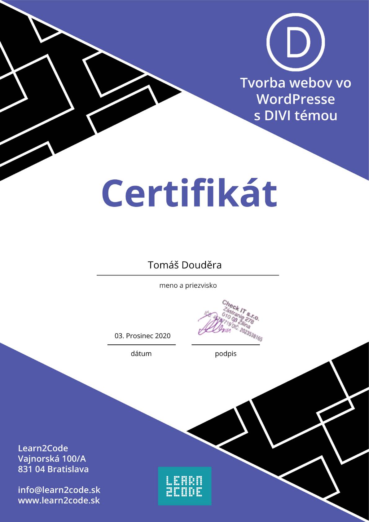 certifikát wordpress divi šablona