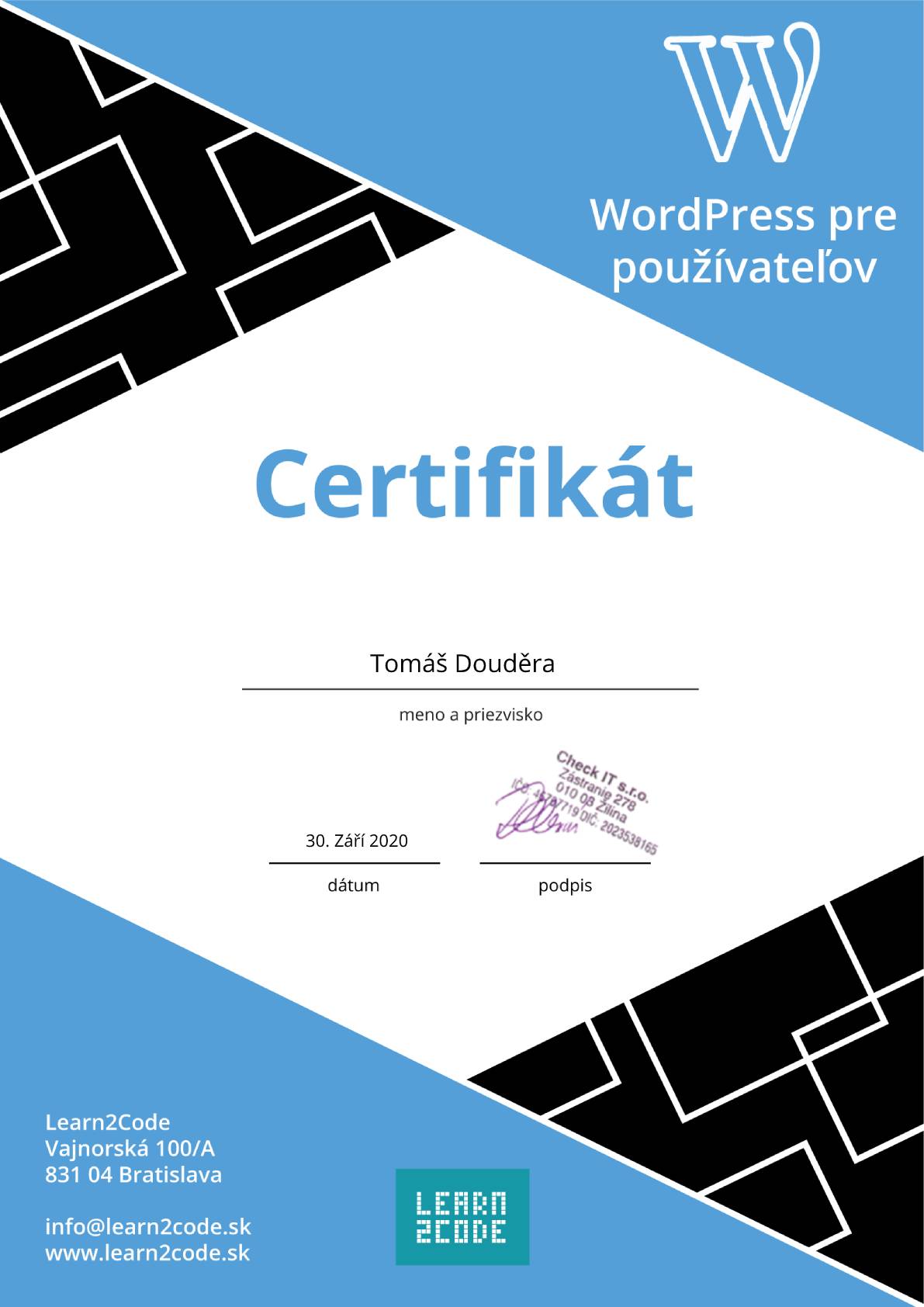 certifikát wordpress pro uživatele